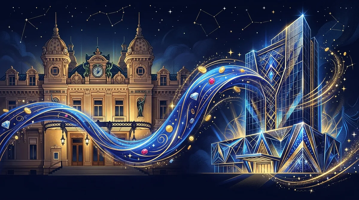 Ornate palace facade flowing into a modern glass casino tower via a blue light ribbon