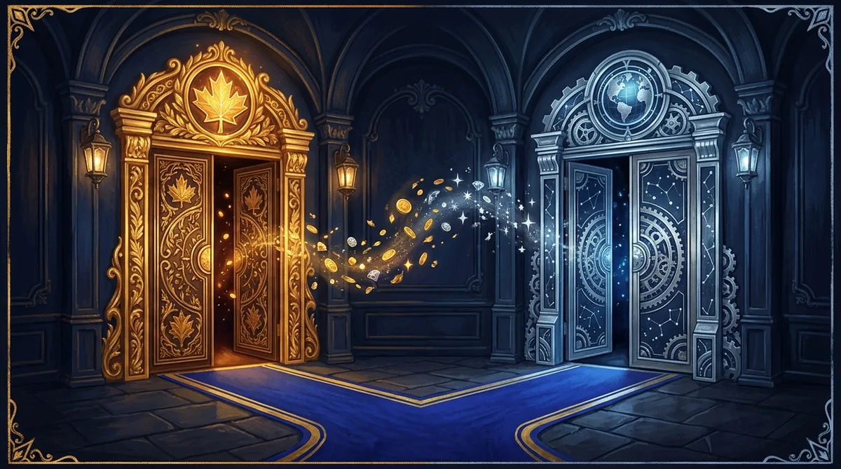 Two ornate doorways: gold maple-leaf door and silver globe door on a split carpet