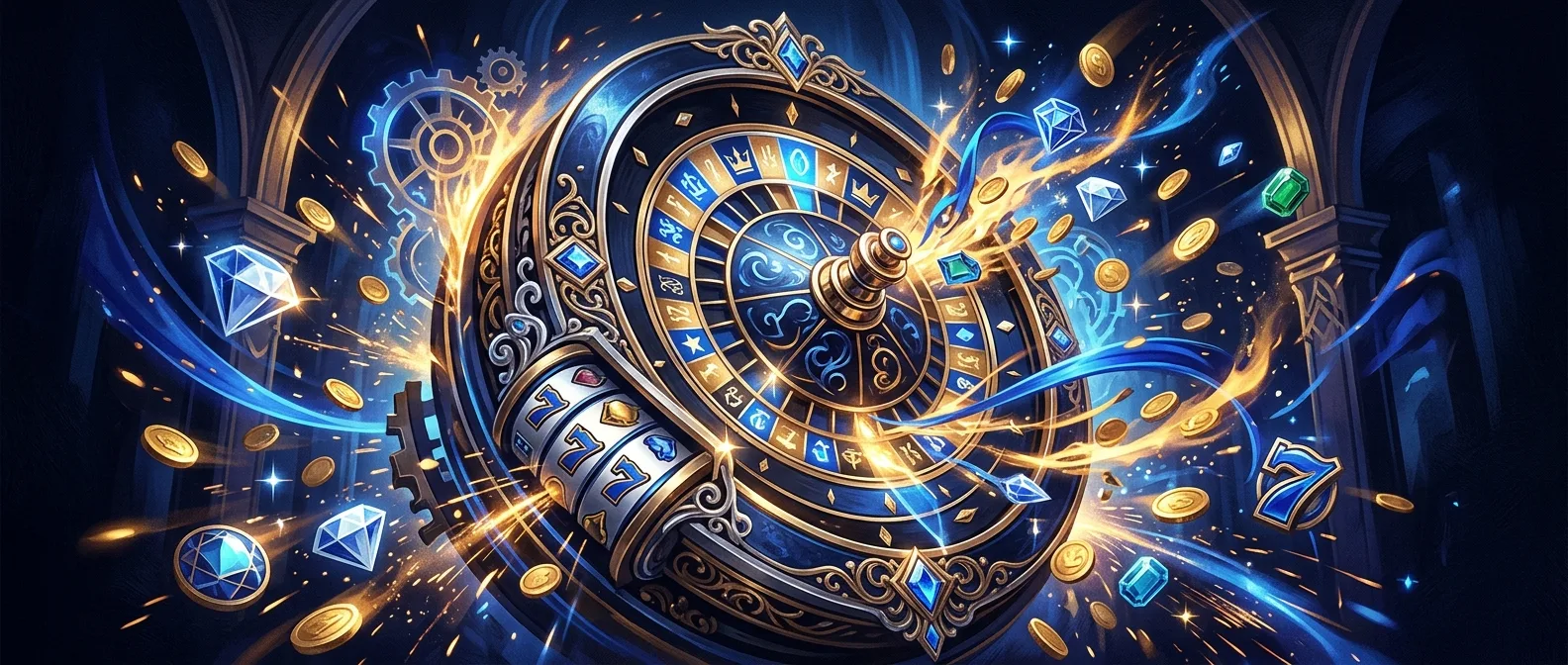 Ornate royal-blue casino wheel bursting with gold coins and gems